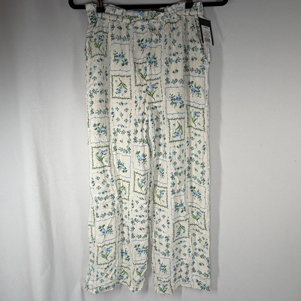 Art Class Girls Pants Floral Wide Leg Museum Blue Linen Blend Large 10/12 New